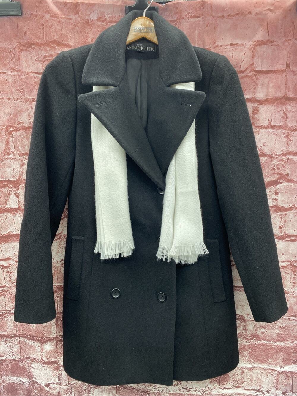 Anne Klein Petite 100% Wool Peacoat Double Breasted Black Size 4P with Scarf